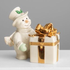 Lenox Snowman Trinket Box Porcelain Gold Accents Holiday Collectible CottageCore
